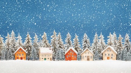 Fototapeta premium Winter Village Scene Snow Falling on Cozy Houses and Snowy Trees