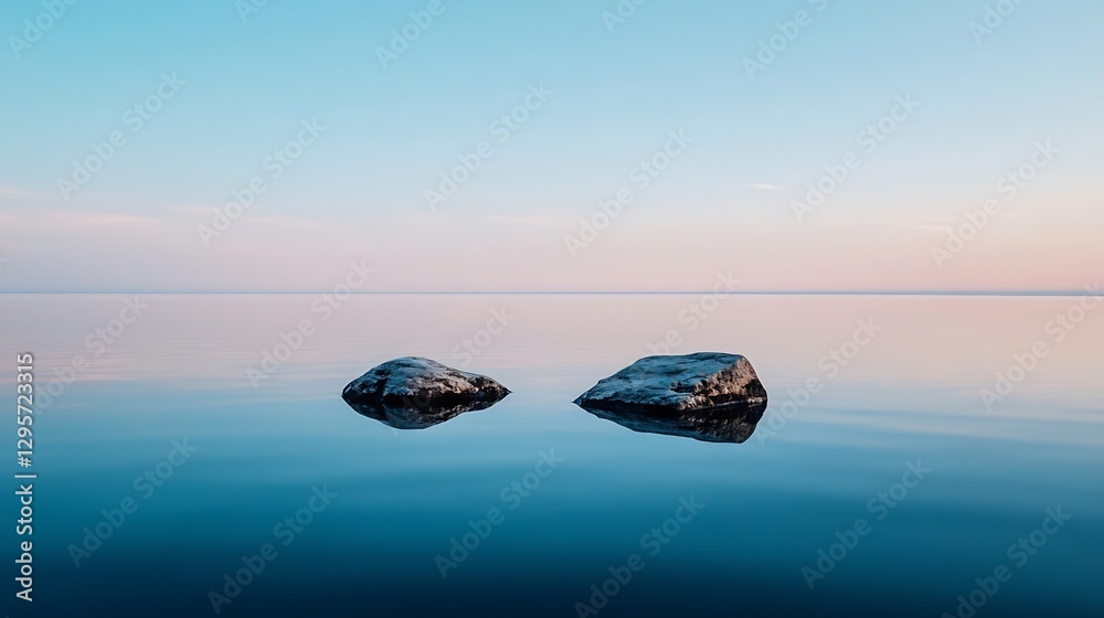 Poster tranquil seascape featuring natural rocks floating on calm water under a soft evening sky : generati