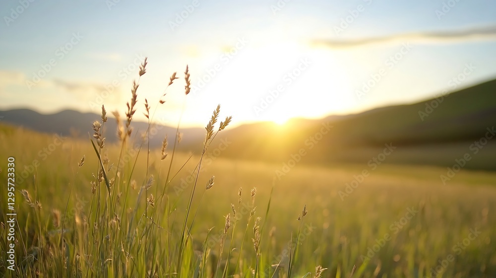 Poster golden hour sun shining over a serene meadow with grass swaying in the warm breeze : generative ai