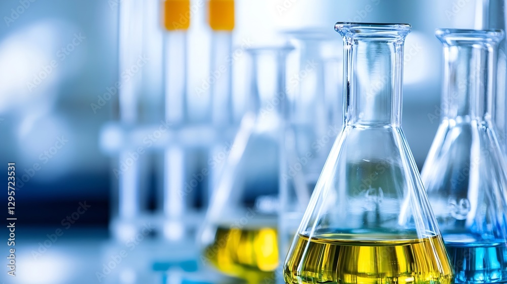 Poster Laboratory Glassware with Colorful Liquids in Test Tubes and Erlenmeyer Flasks on a Clean Surface : Generative AI