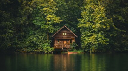 Obraz premium Secluded Lakeside Cabin in a Lush Forest