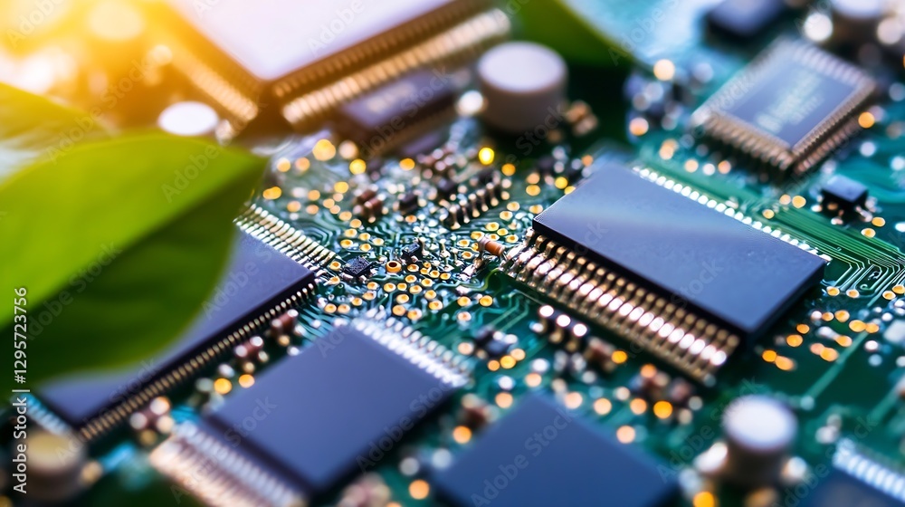 Poster close up of circuit board with green leaves showcasing technology and nature : generative ai