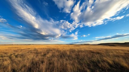 Wide Open Prairie Landscape Under Bright Blue Sky with Dramatic Cloud Formation : Generative AI