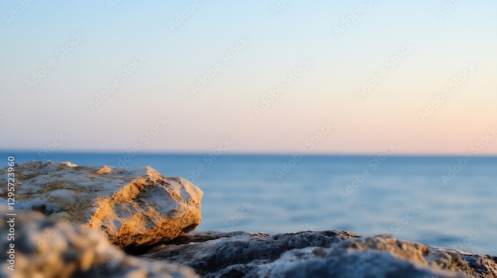 Aufkleber scenic view of tranquil ocean waters over smooth rock formations during sunset : generative ai