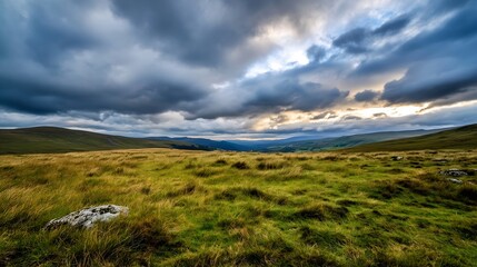 Stunning panoramic view of rolling hills and dramatic clouds at sunset in the countryside : Generative AI