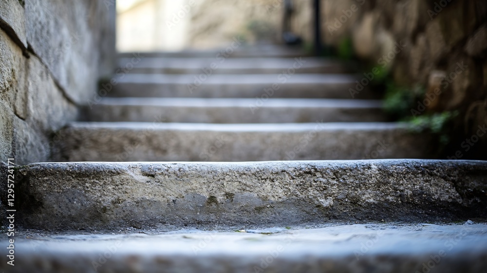 Poster close up view of weathered stone steps leading up a narrow passageway in a historic location : gener