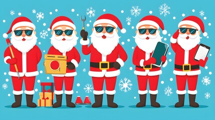 Five Santa Clauses in Various Poses Wearing Sunglasses Against a Blue Background with Snowflakes