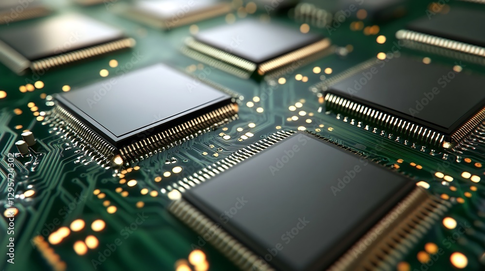 Poster close up of modern microchips and circuit board technology on a green background : generative ai