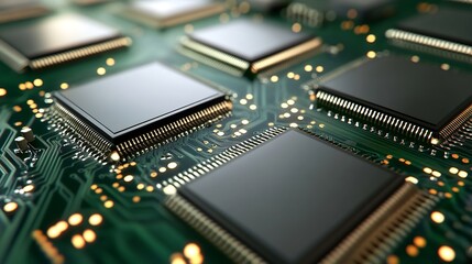 Obraz premium Close Up of Modern Microchips and Circuit Board Technology on a Green Background : Generative AI