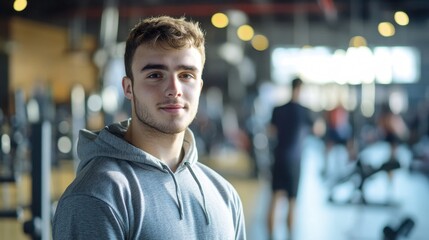 Portrait of a young male athlete in a fitness gym environment, showcasing determination and strength, ideal for sports and wellness themes in stock photography