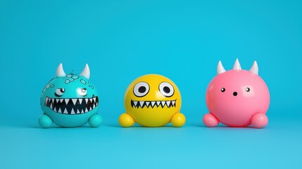 Fototapeta premium Three colorful round monster toys are displayed on a blue background