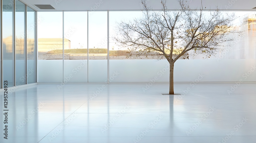 Leinwandbilder minimalist view of a lonely tree in a modern white room with large windows : generative ai