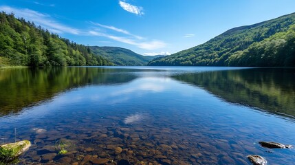Fototapeta premium Stunning Mountain Lake Surrounded by Lush Green Forest : Generative AI