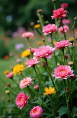 Pink and yellow flowers blooming in garden during springtime