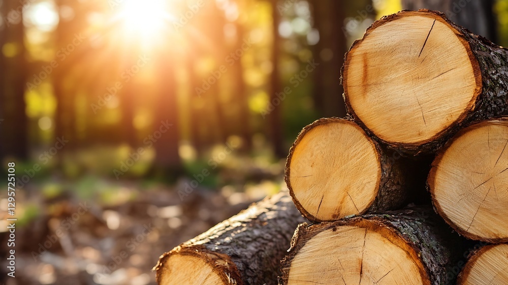 Poster freshly cut wooden logs stacked in a sunlit forest showcasing natural textures and warm sunlight fil