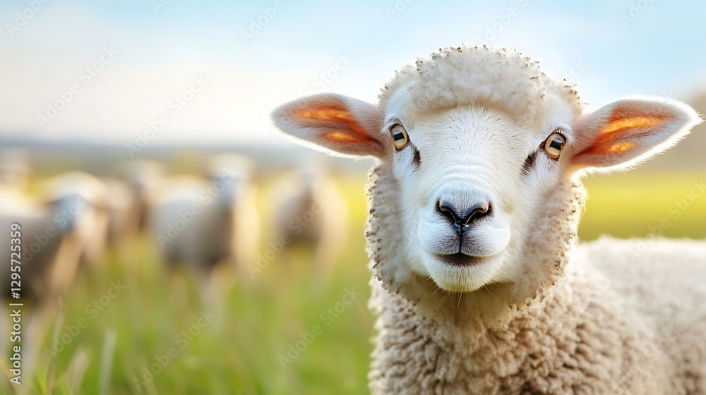 Poster cute sheep portrait in a green meadow with a herd grazing in the background under bright daylight : 