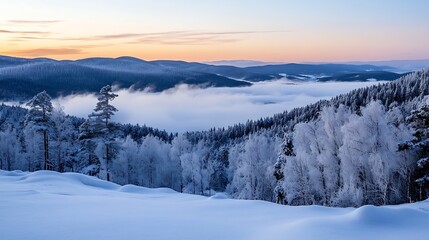 Serene Winter Landscape at Sunrise Over Snowy Mountains and Foggy Valley : Generative AI