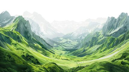 Fototapeta premium Green valley lies between snow-capped mountains with transparent background