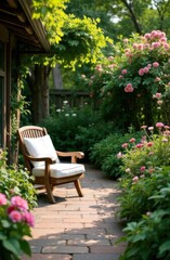 Comfortable teak armchair inviting relaxation in lush garden path