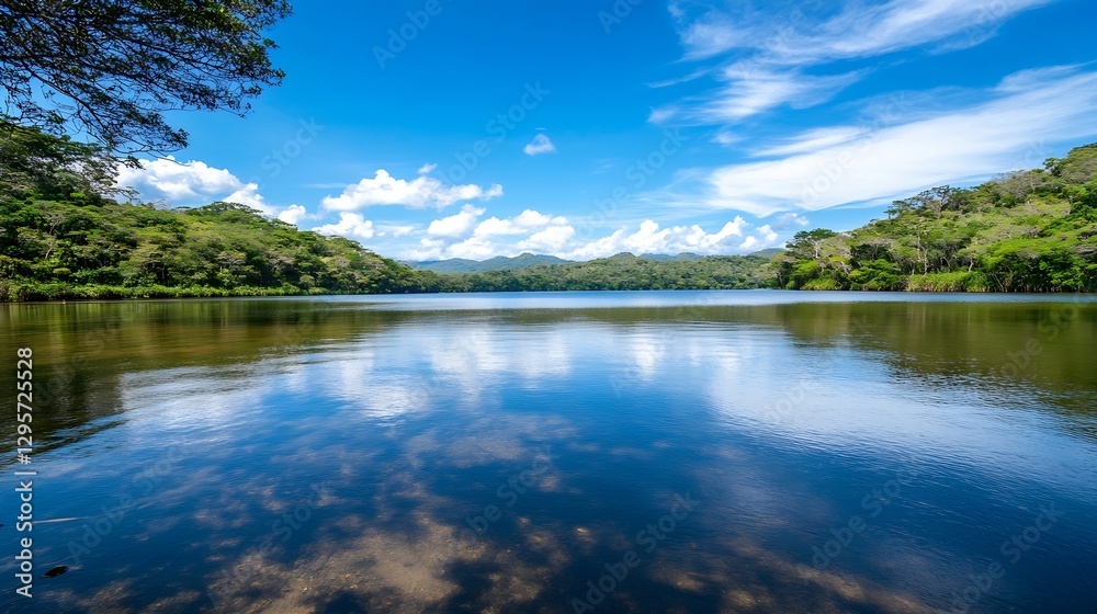Poster serene lake reflected in calm waters under a bright blue sky with fluffy clouds : generative ai