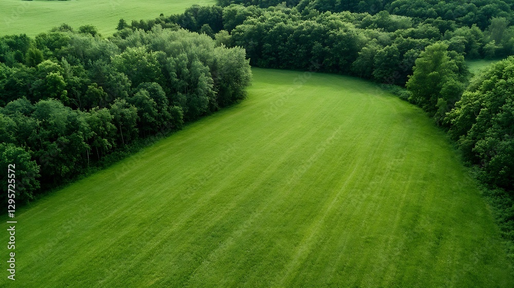Poster lush green landscape with dense forest surrounding a spacious meadow : generative ai