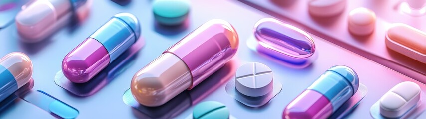 Colorful capsules and pills on a vibrant surface.