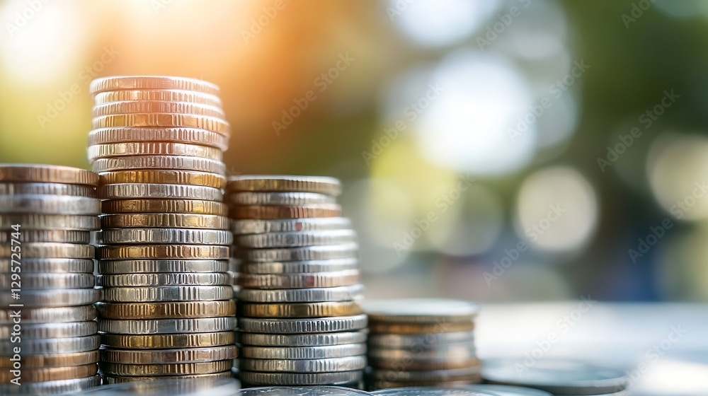 Poster Stack of Shiny Coins with a Beautiful Background and Soft Bokeh Effect Shining in the Sun : Generative AI