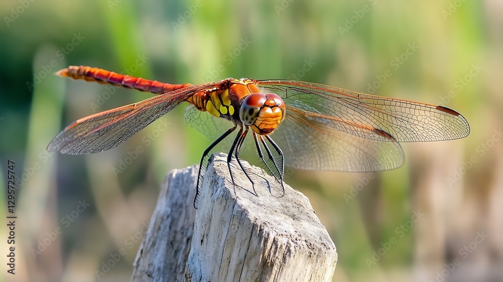 Poster colorful dragonfly perched on a wooden post displaying intricate details of its wings : generative a