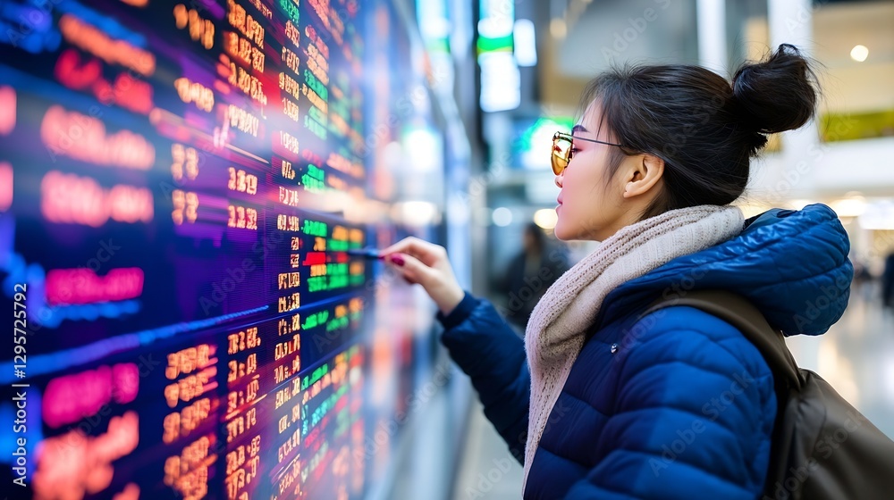Poster young woman in sunglasses examining digital stock market data on a colorful display board : generati