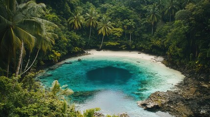Secluded Tropical Cove with Crystal Clear Water and Lush Greenery