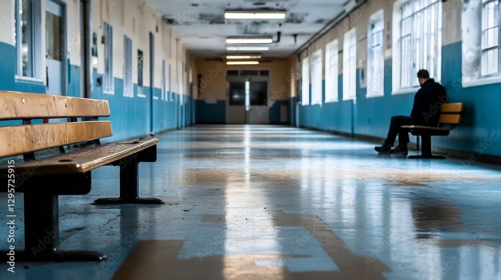 Poster quiet man sitting alone in a corridor with blue walls and empty benches : generative ai