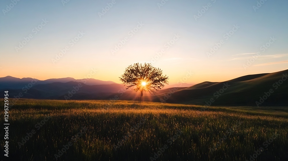 Poster stunning sunset view over rolling hills with a solitary tree creating a breathtaking natural landsca