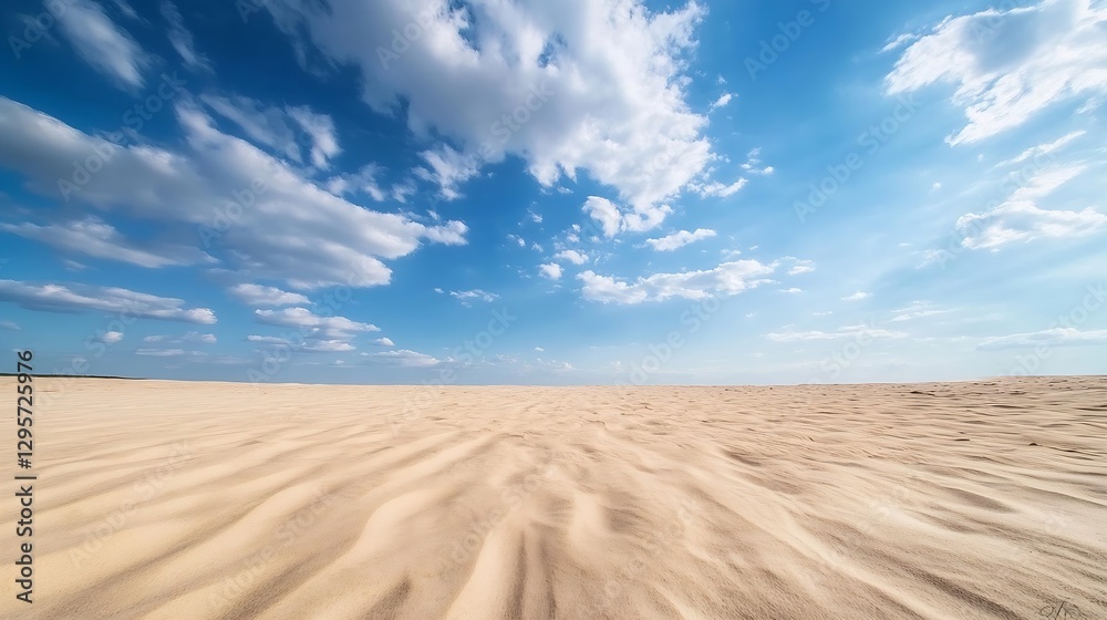 Poster expansive sandy desert landscape under a vibrant blue sky with soft clouds and gentle dune formation