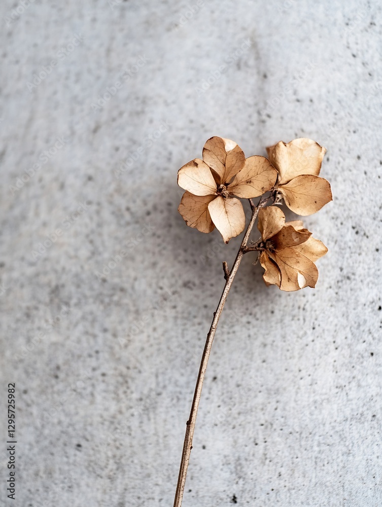 Poster dried and weathered hydrangea flowers against a textured gray background capturing a rustic aestheti