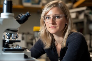 Scientist working at a microscope in a laboratory setting.