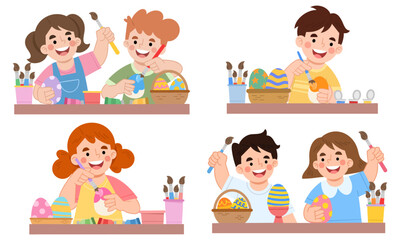 Illustration set of children painting easter eggs