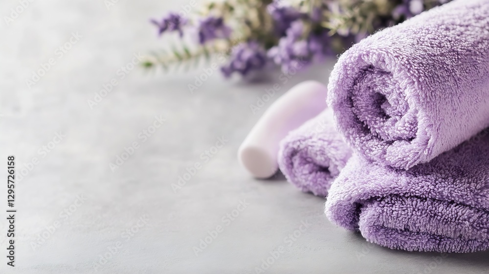 Poster soft lavender towels with decorative flowers on a grey background for spa and relaxation themes : ge