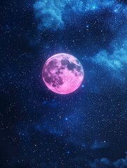 Fototapeta premium Pink Moon in Night Sky: The enchanting allure of a pink moon set against the backdrop of a star-studded night sky, where celestial bodies and celestial art come together.