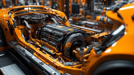 Fototapeta premium A battery pack is being carefully installed into an electric car on an assembly line