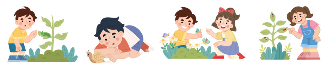 Illustration set of curious children observing insects © Heyauli 