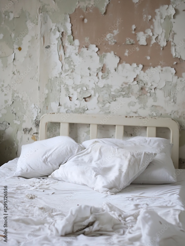 Poster disheveled bed with rumpled white pillows and wrinkled sheets in a distressed room with peeling wall