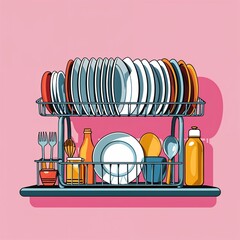 dish rack on plain pink background childish style illustration