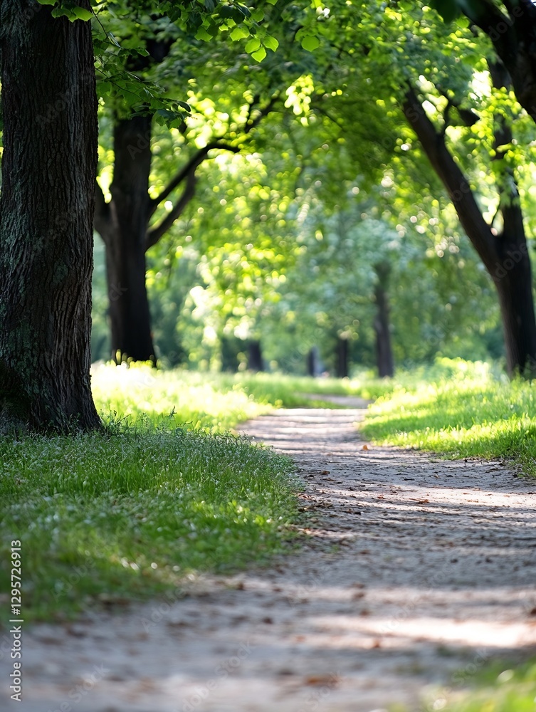 Poster scenic path winding through a sunlit park surrounded by lush trees and vibrant greenery : generative