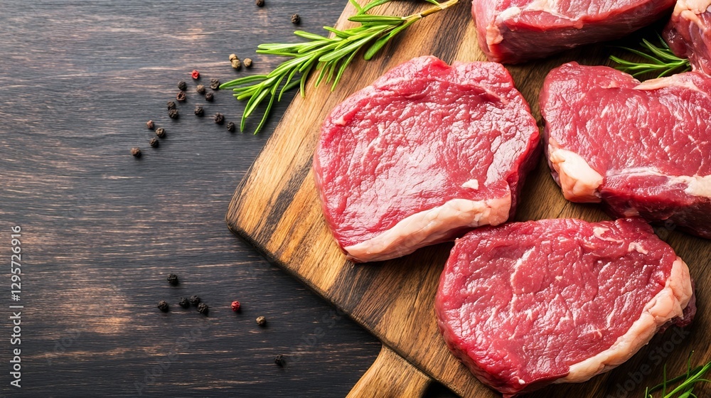 Poster raw beef steaks arranged on a wooden board with fresh herbs spices for a delicious meal preparation 