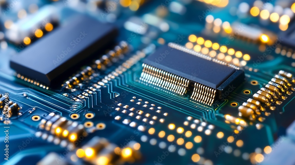 Poster Close up of a printed circuit board with glowing components and intricate electronic details : Generative AI