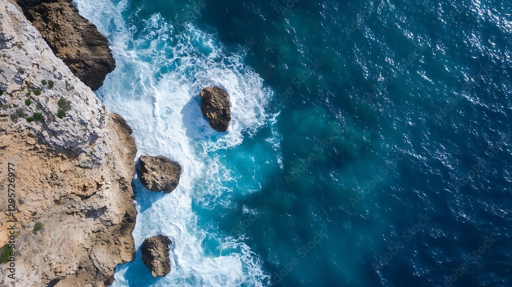 Poster mesmerizing aerial view of rocky coastline with waves crashing against rugged cliffs in vibrant blue
