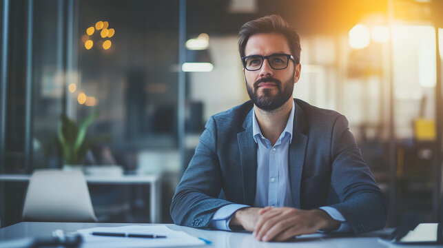 Focused businessman working diligently at his desk, embodying professionalism and determination.