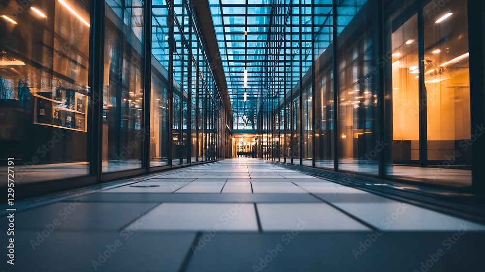 Poster modern architectural corridor with glass walls and warm lighting creating an inviting and contempora