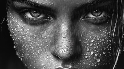 Close Up Portrait of a Woman with Water Drops on Her Face