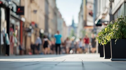 Obraz premium Bustling City Street Filled with People and Planters on a Bright Day : Generative AI